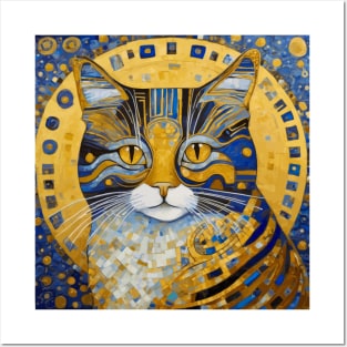 Blue and Gold Geometric Klimt Cat Posters and Art